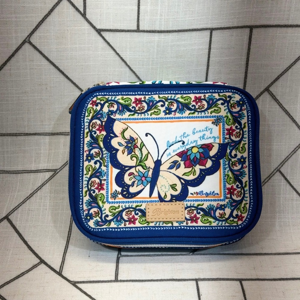 Brighton Jewelry Organizer Case OS Blue Butterfly Floral Travel Zip Square Pouch